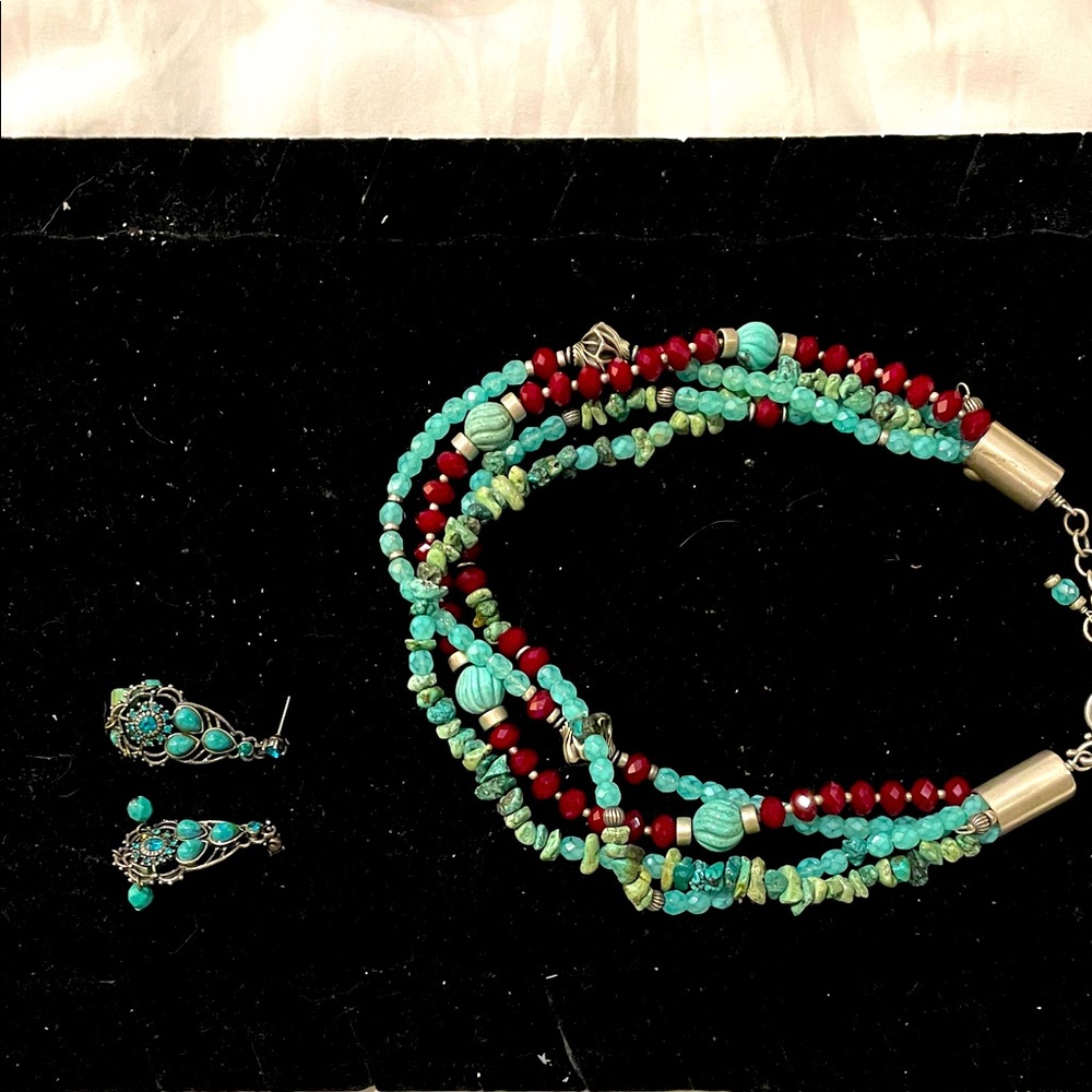 Turquoise and Red Beaded Necklace and Earring Set